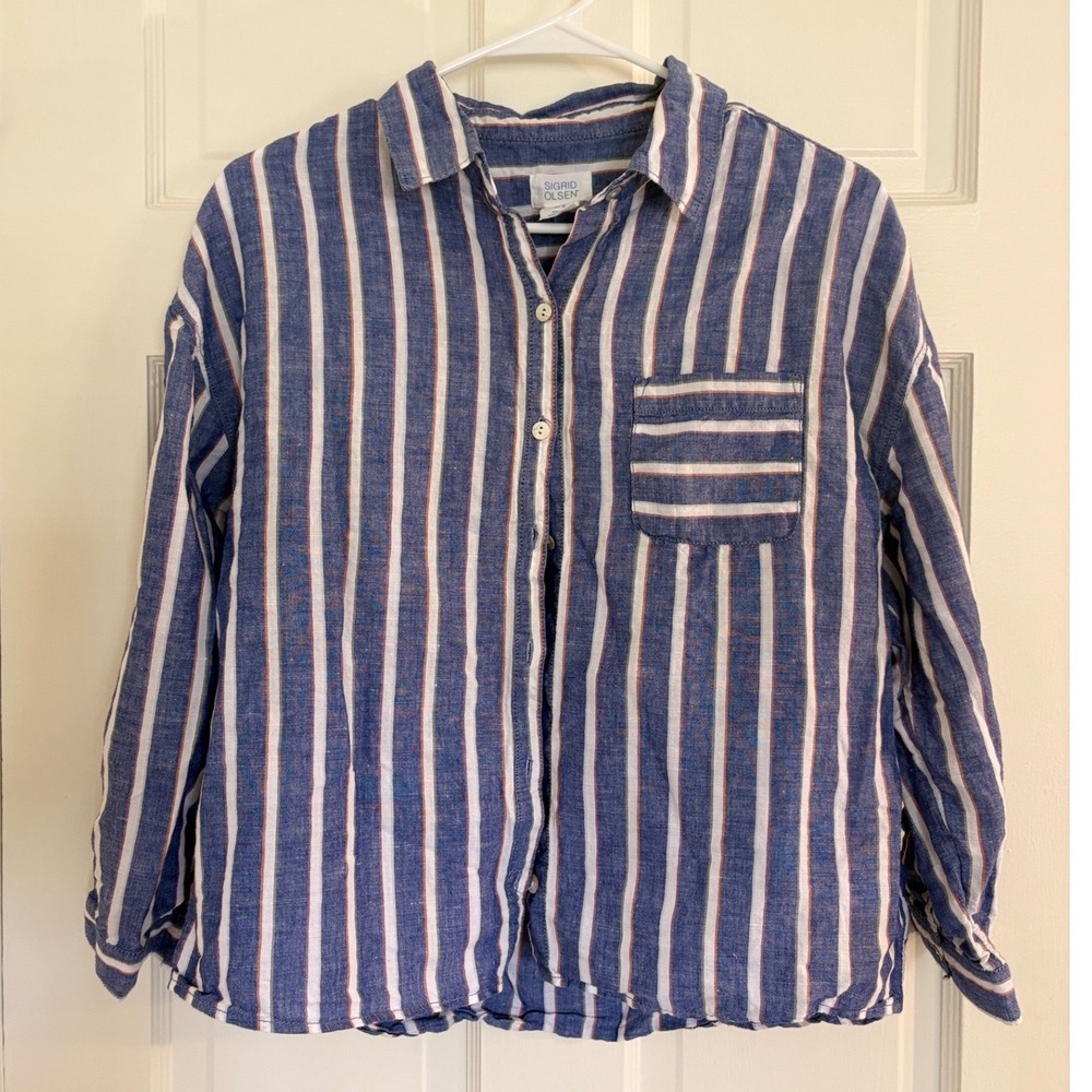 Sigrid Olsen Blue White Striped Linen Blend Button Down Shirt Womens Medium